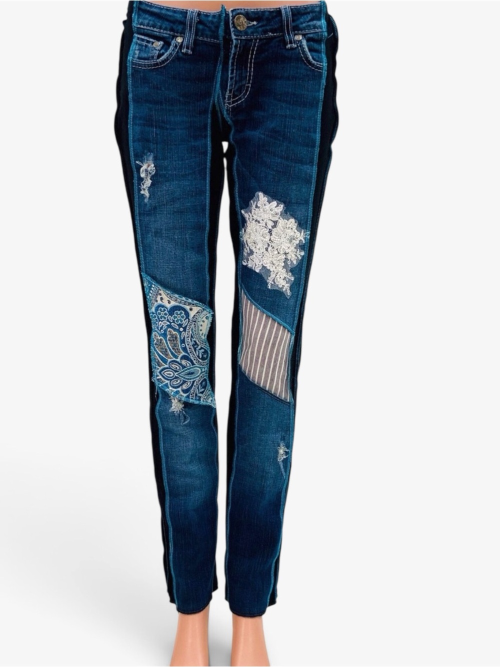 Styles Ever After - Tapestry and Lace Skinny Jeans Patchwork Boho Artsy Size S